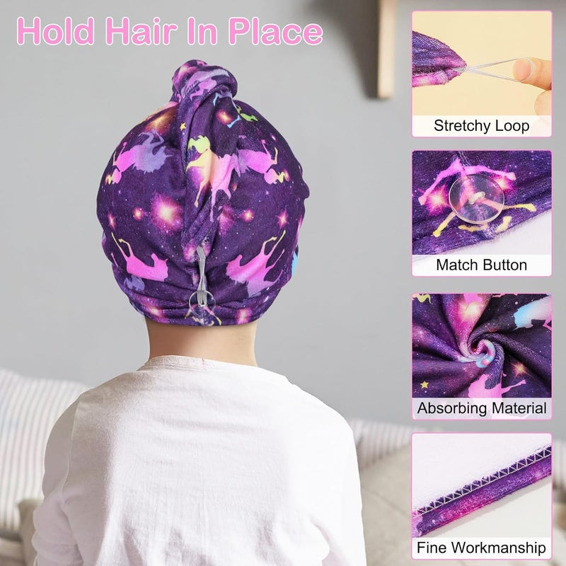Basumee Microfiber Hair Towel Wrap for Kids 2 Pack Rapid Drying Hair Towel with Button Hair Turbans for Wet Hair Wraps Head Towel Wrap for Women and Girls, Dark Unicorn - Image 4